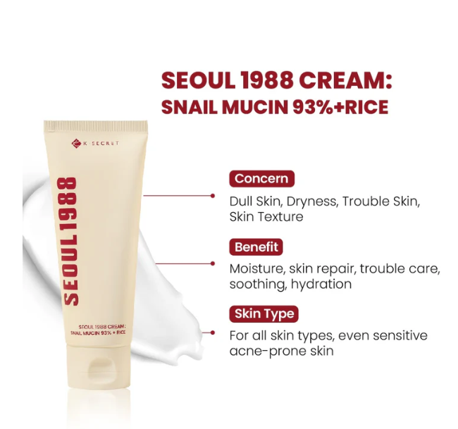 K-Secret Seoul 1988 Cream: Snail Mucin 93% + Rice - 100ml