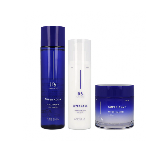 Missha Super Aqua Trio Set - Toner/Essence 200ml +Emulsion 130ml+ Cream 70ml + 3 minitaglie+ Dischetti cotone Missha